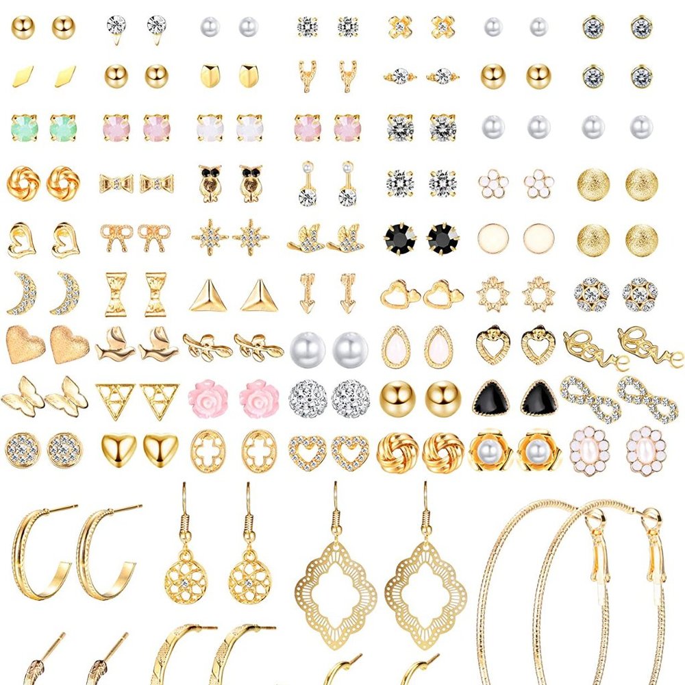 NEW 84 Pairs Assorted Multiple Stud Earrings Hoop Set Dangle Cute Hypoallergenic